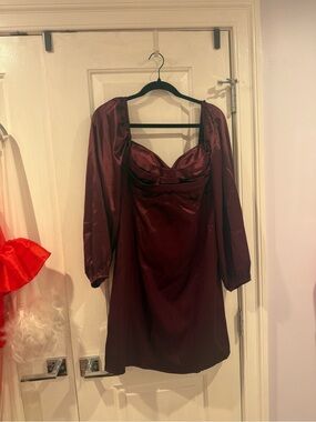 Burgundy Satin Long Sleeve Mini Dress